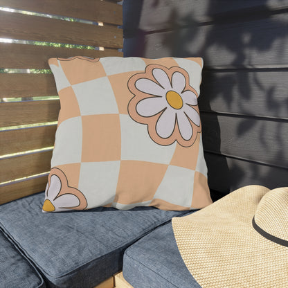 Close-up of floral cushion showing durable spun polyester and vibrant print