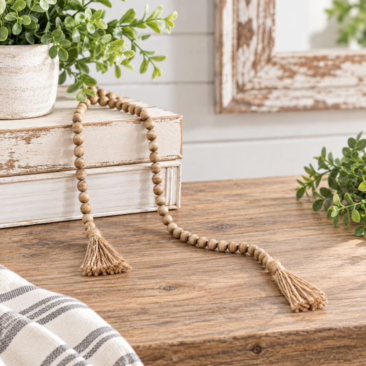 Natural wood bead garland with jute tassels draped across distressed white books on a rustic wood tabletop with farmhouse-style greenery.