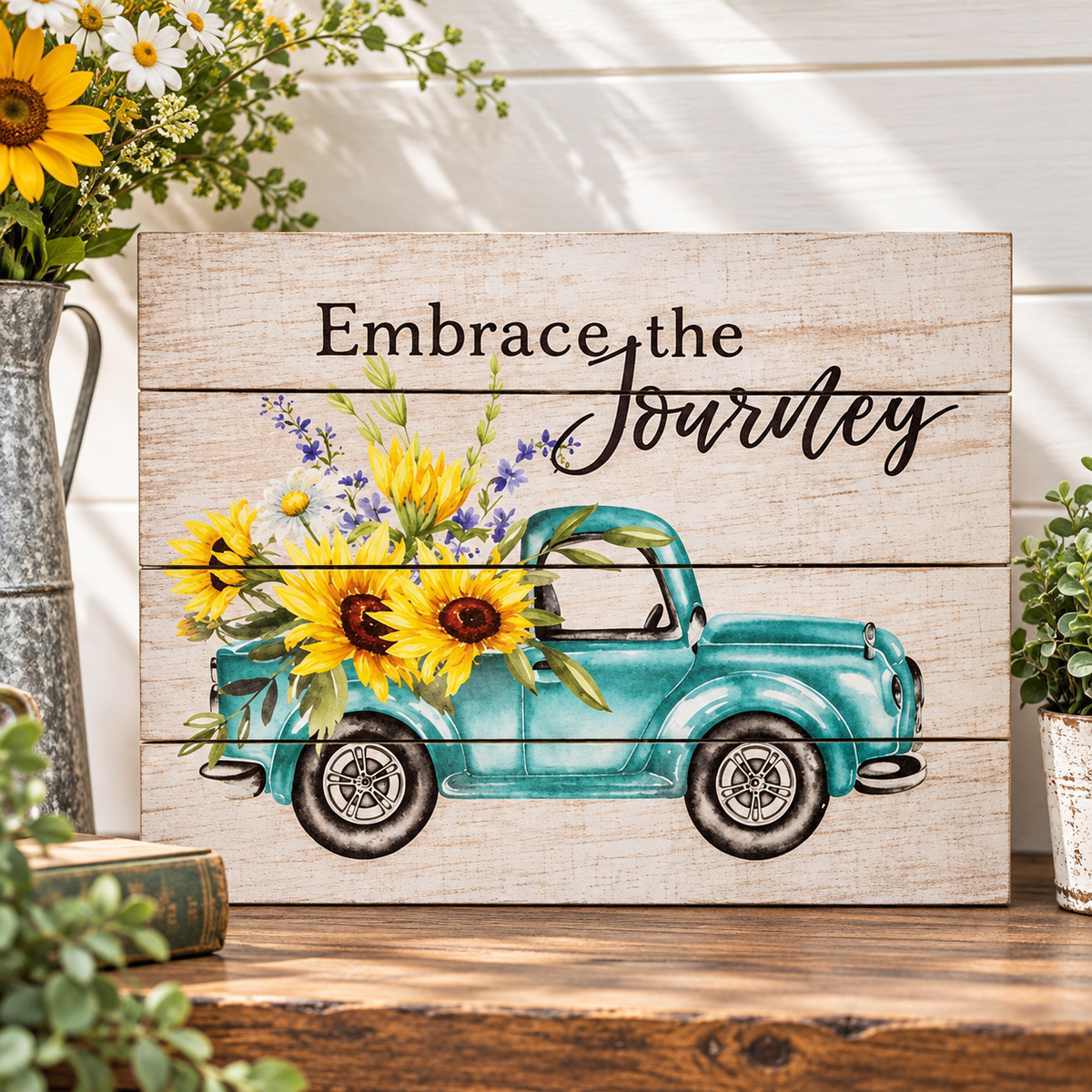 A rectangular wooden sign with horizontal planks reads “Embrace the Journey” above a turquoise pickup truck carrying yellow sunflowers and purple flowers. The sign is styled on a wooden surface with sunflowers, a metal pitcher, and greenery around it.