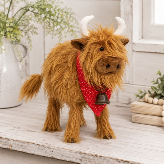 Fluffy Highland Cow with Bandana & Bell Decor 13"
