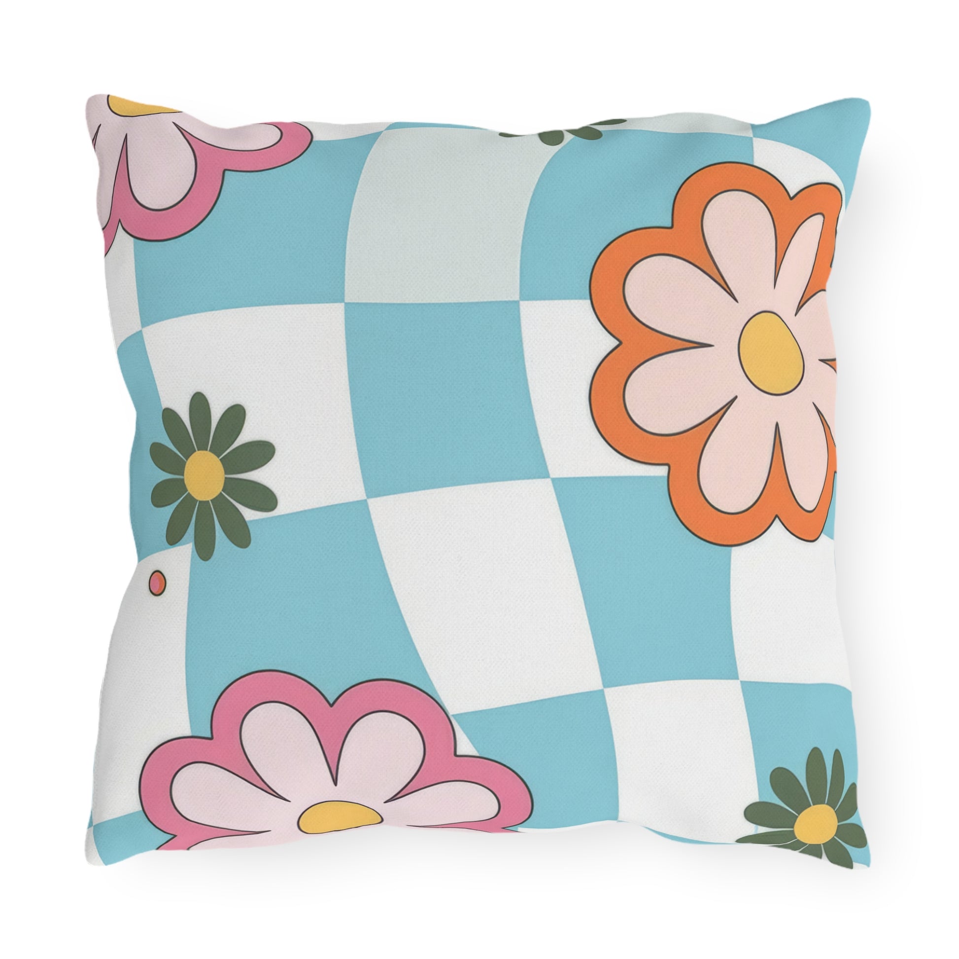 Outdoor pillow with double-sided colorful flower design on wooden seat