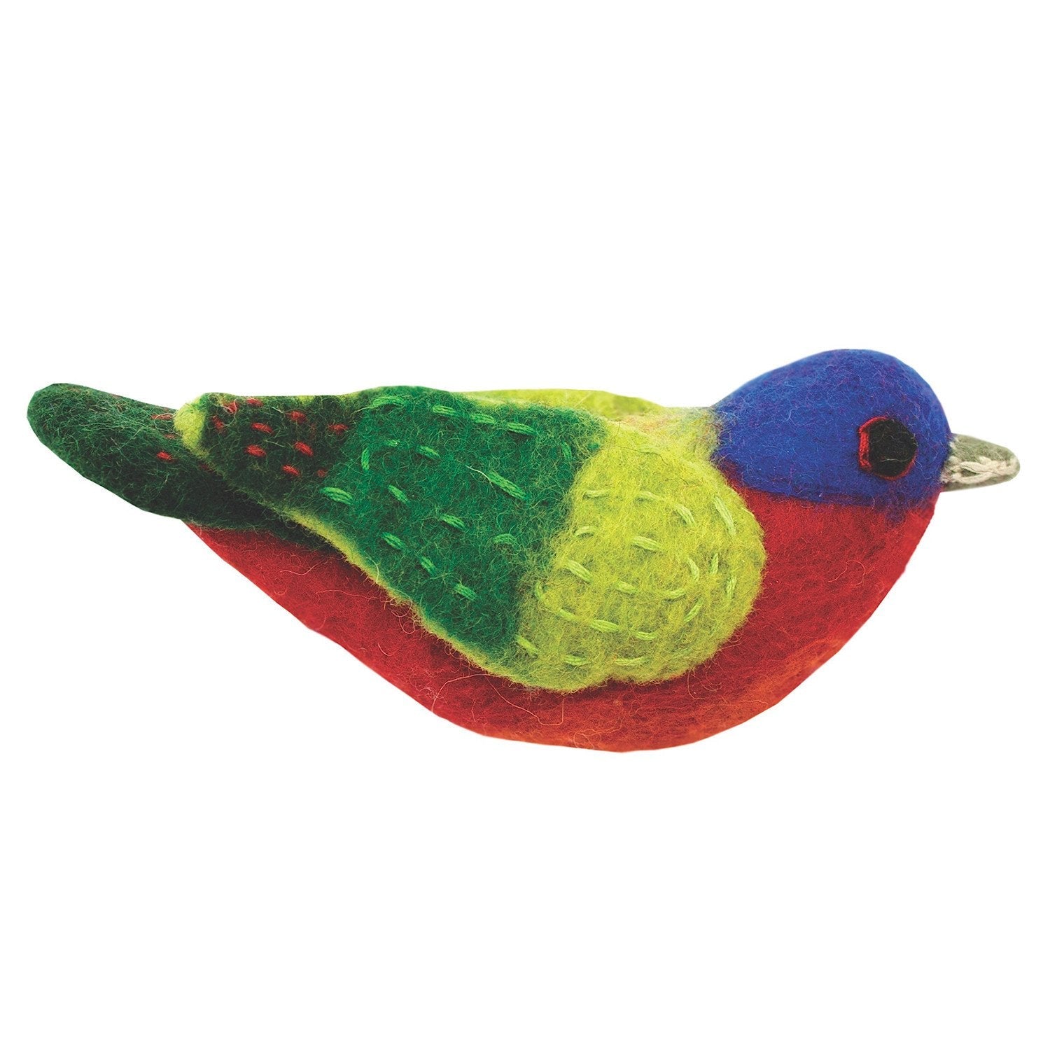 Handcrafted felt Painted Bunting ornament made from 100% wool, featuring vibrant colors and a hanging loop for garden or home display.