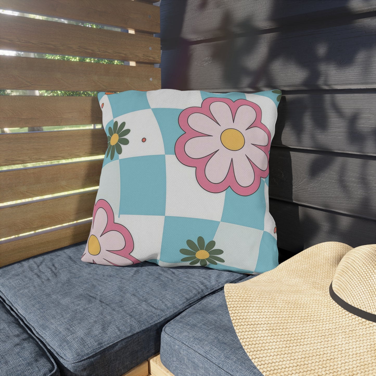 Decorative patio pillow with bright botanical print in mixed colors