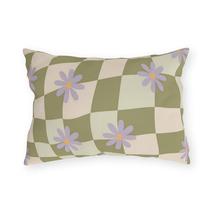 Rectangular outdoor pillow made from durable spun polyester with water- and UV-resistant finish, perfect for porch or balcony use