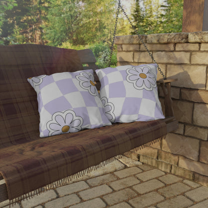 UV- and water-resistant square pillow with checkered floral pattern in purple and orange