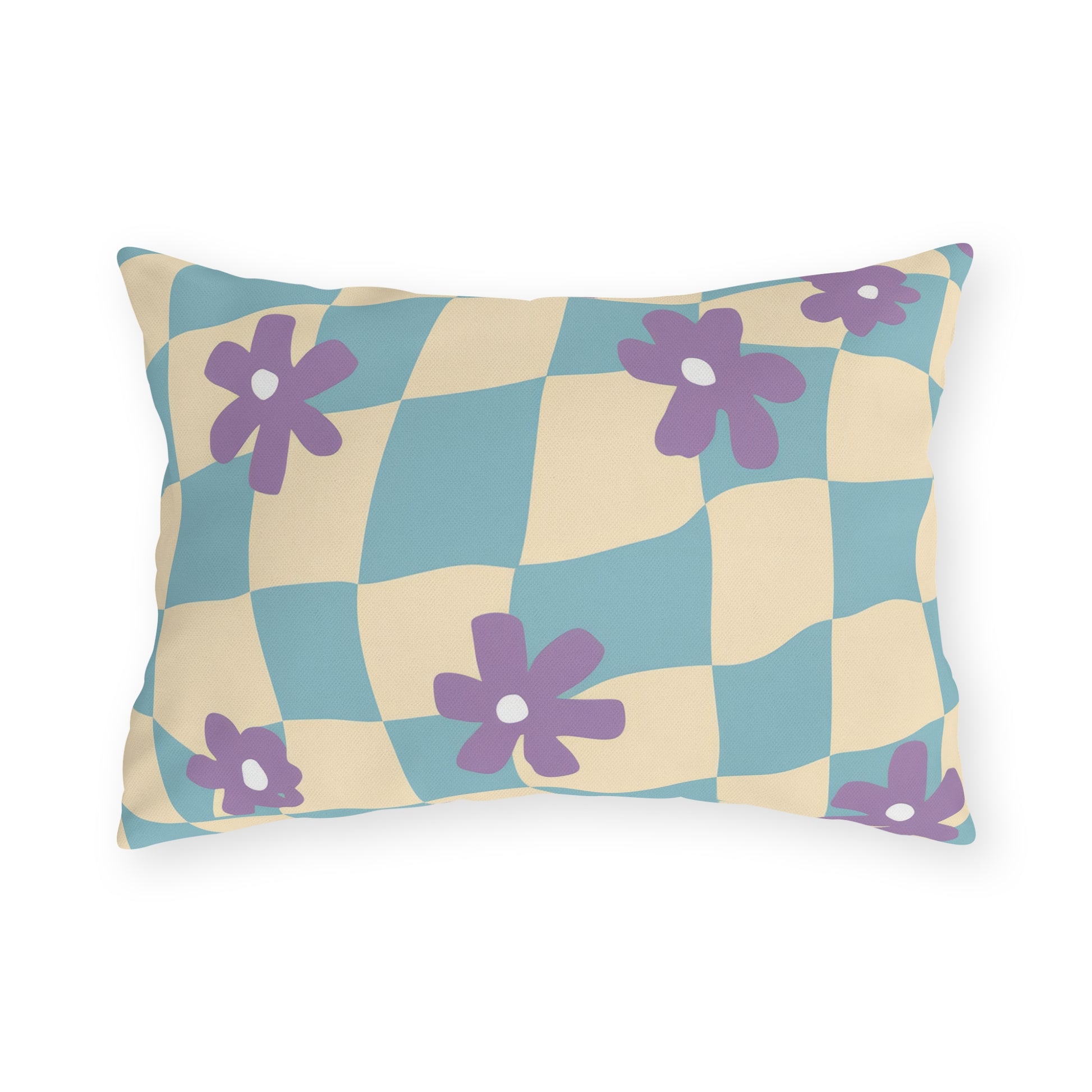 Outdoor lumbar pillow with colorful floral design for patios and gardens