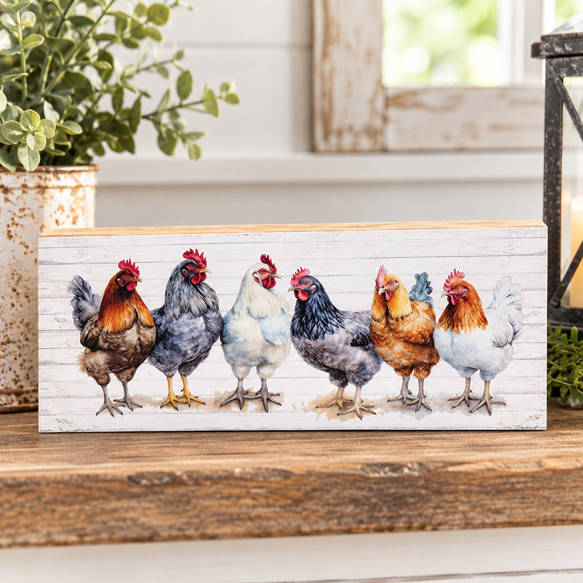 A rectangular decorative sign featuring a painted row of six chickens on a whitewashed wood background, displayed on a wooden surface with a potted plant and lantern in a bright indoor setting.