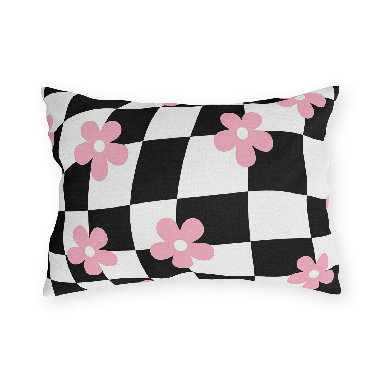 Stylish outdoor cushion in pink and black design with weather-resistant fabric