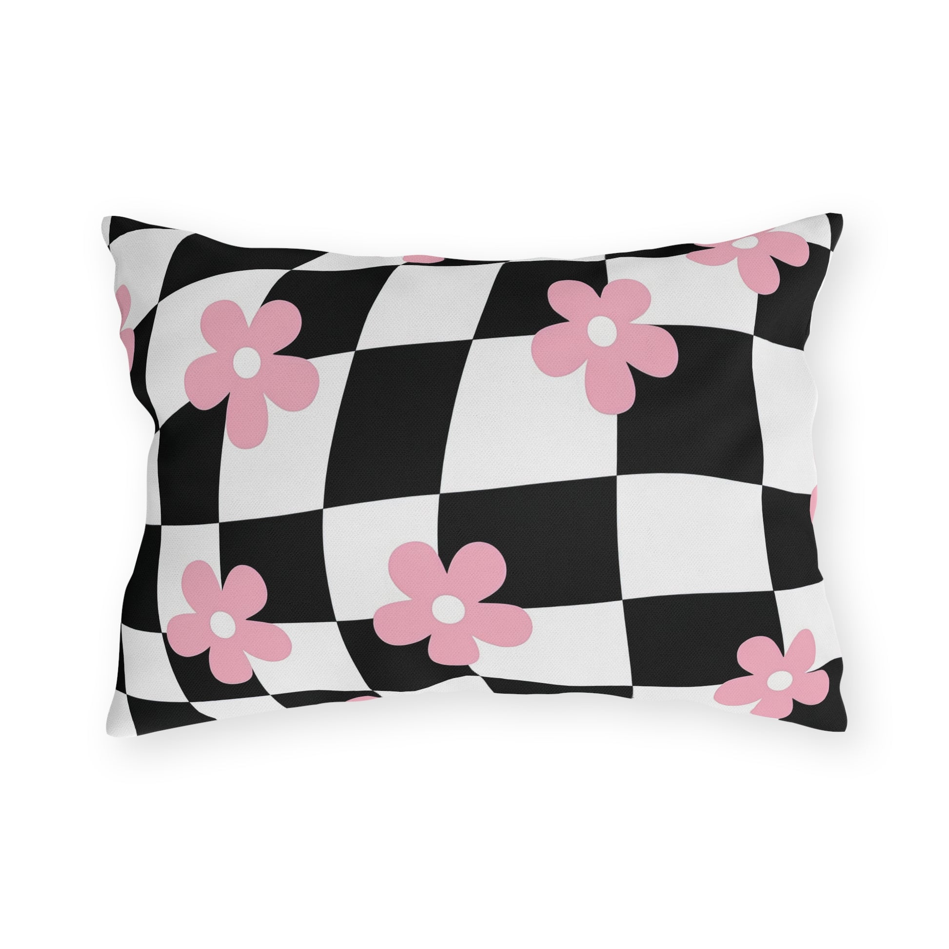 Stylish outdoor cushion in pink and black design with weather-resistant fabric