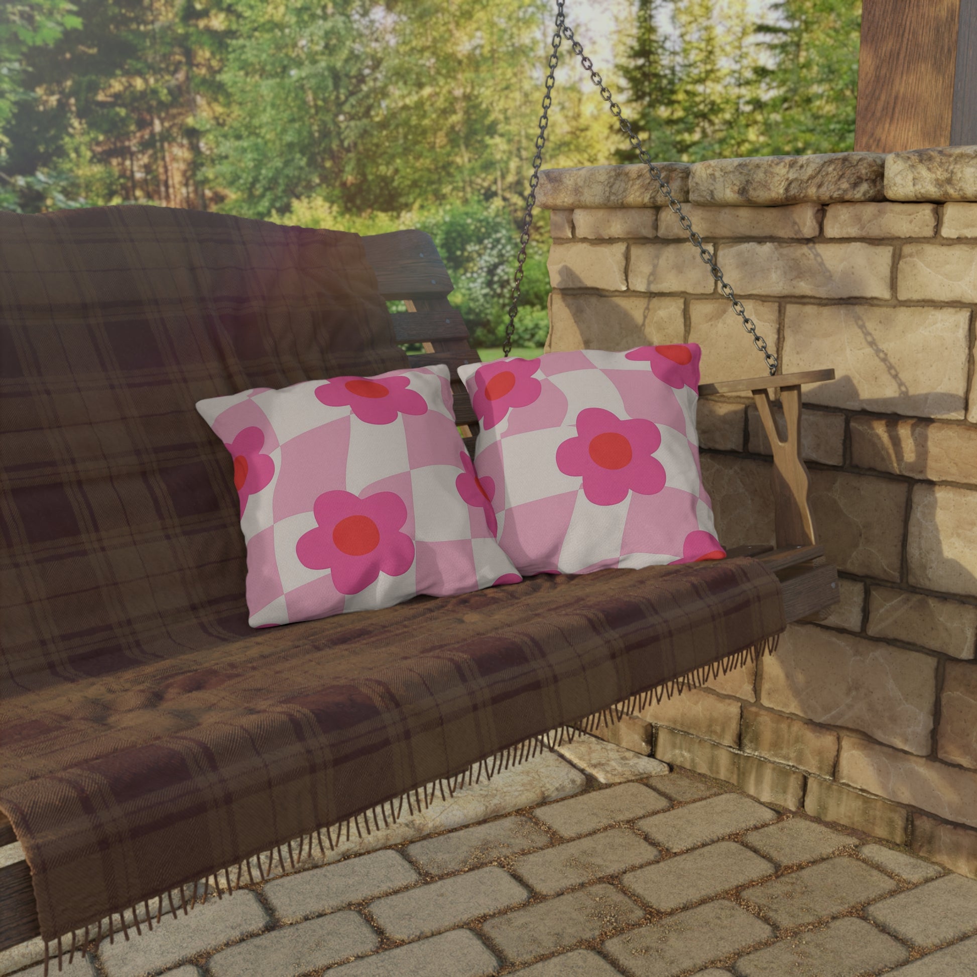 UV-resistant floral pillow designed to brighten outdoor living spaces