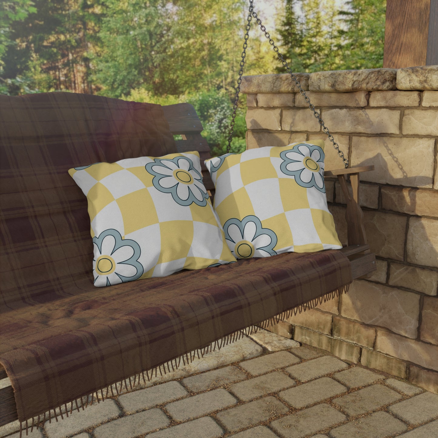 Square patio pillow with floral double-sided print and classic yellow check base