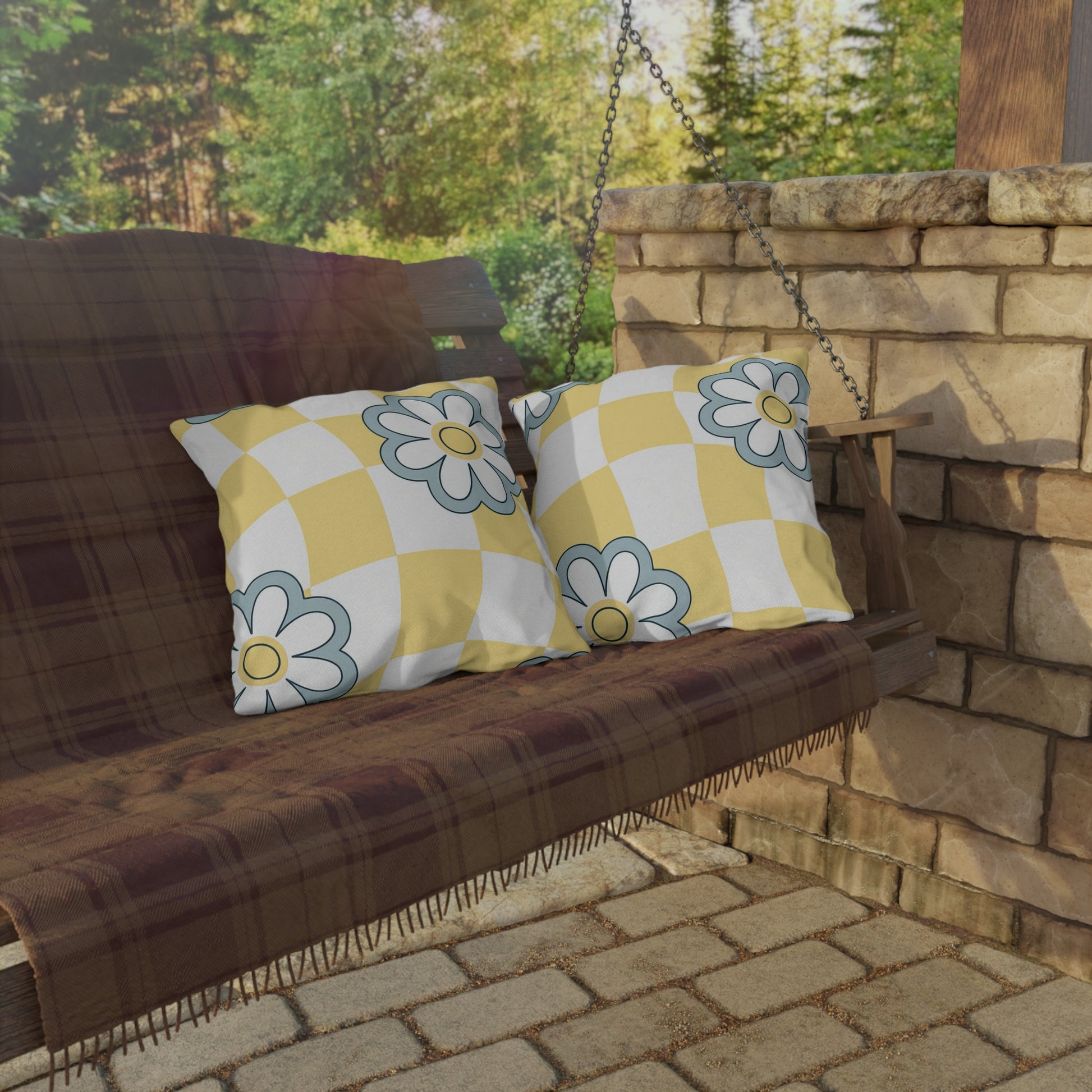 Square patio pillow with floral double-sided print and classic yellow check base