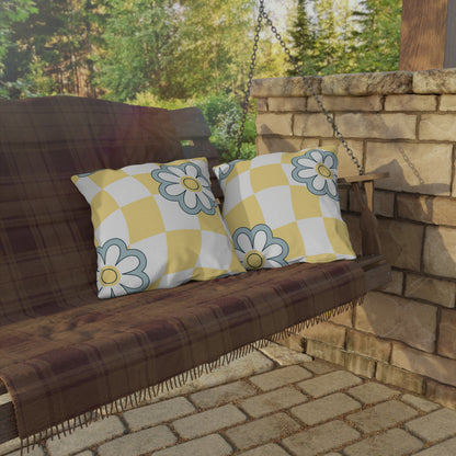 Square patio pillow with floral double-sided print and classic yellow check base