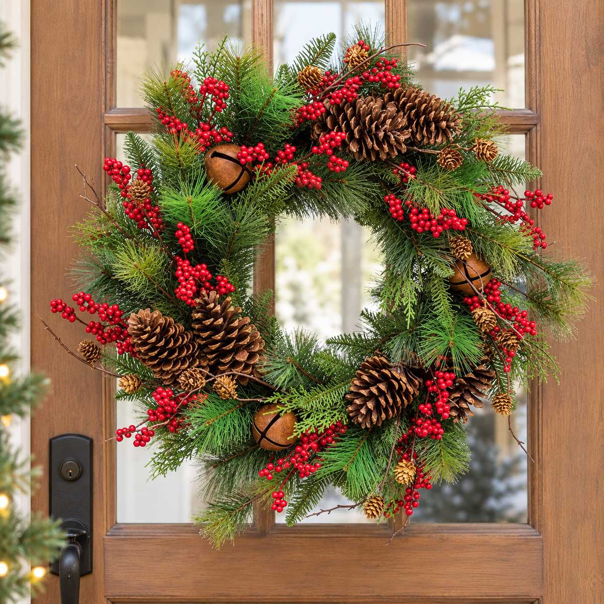 A festive Christmas wreath made of green pine branches, decorated with clusters of red berries, large brown pinecones, and small gold bells, hanging on a brown wooden front door.