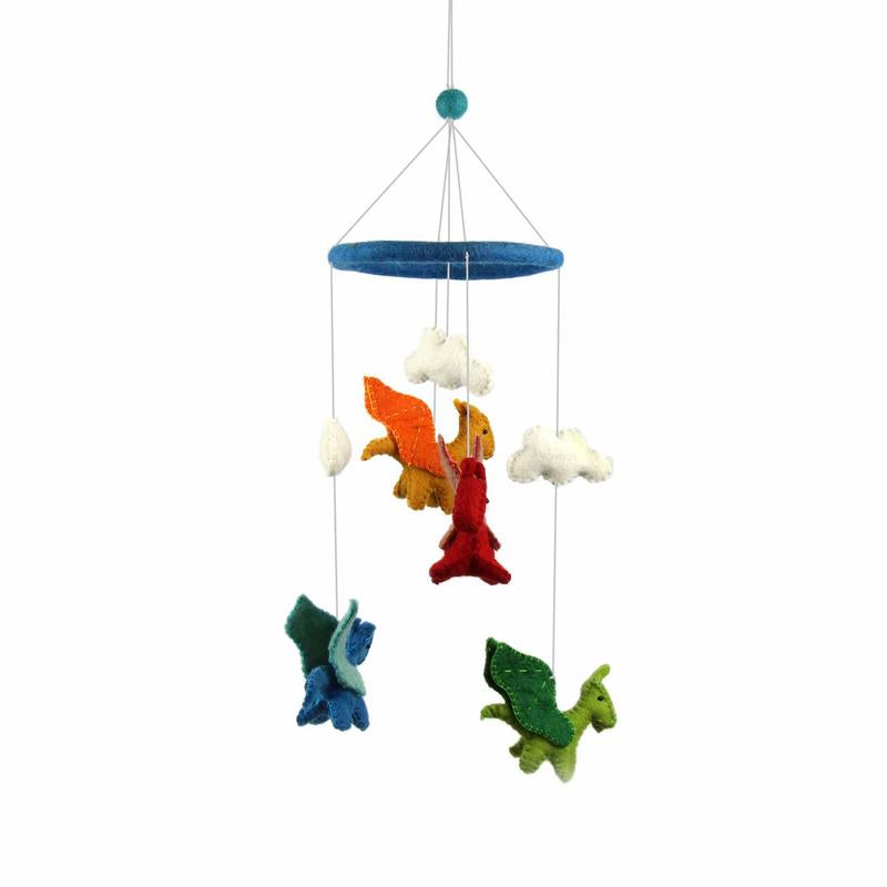 Handmade felt dragon mobile, Fair Trade wool nursery decor, eco-friendly baby room hanging, handcrafted in Nepal.