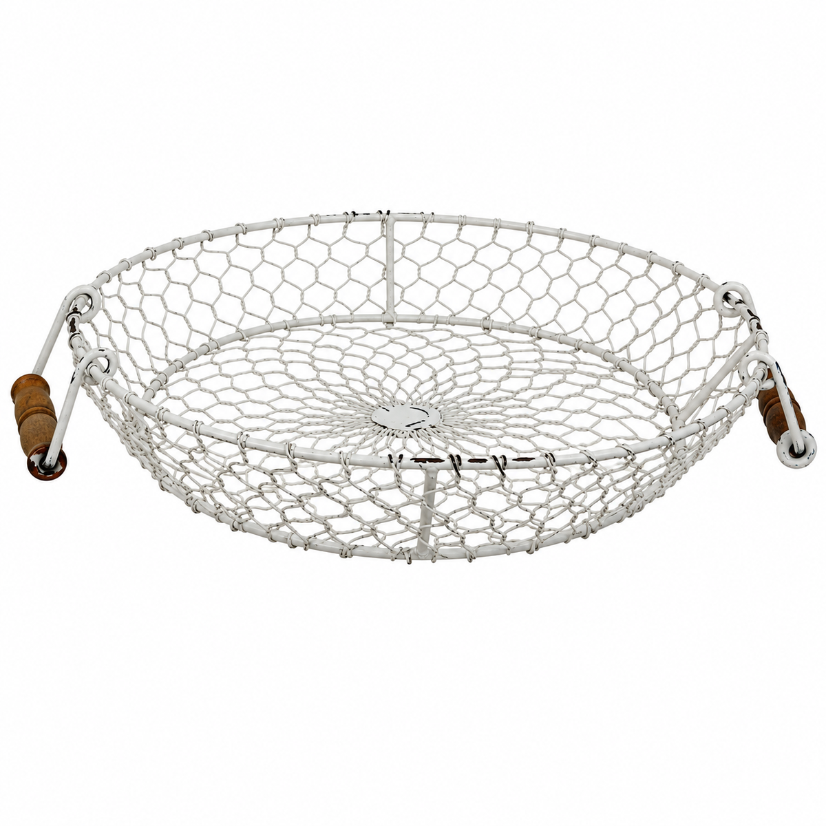 A white metal wire basket with a hexagonal mesh pattern and two brown wooden handles with metal knobs, shown on a plain white background.