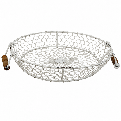 A white metal wire basket with a hexagonal mesh pattern and two brown wooden handles with metal knobs, shown on a plain white background.