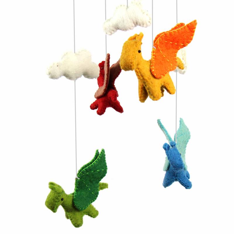 Whimsical felt baby mobile with colorful dragons, ethically made nursery decor, sustainable wool baby gift.