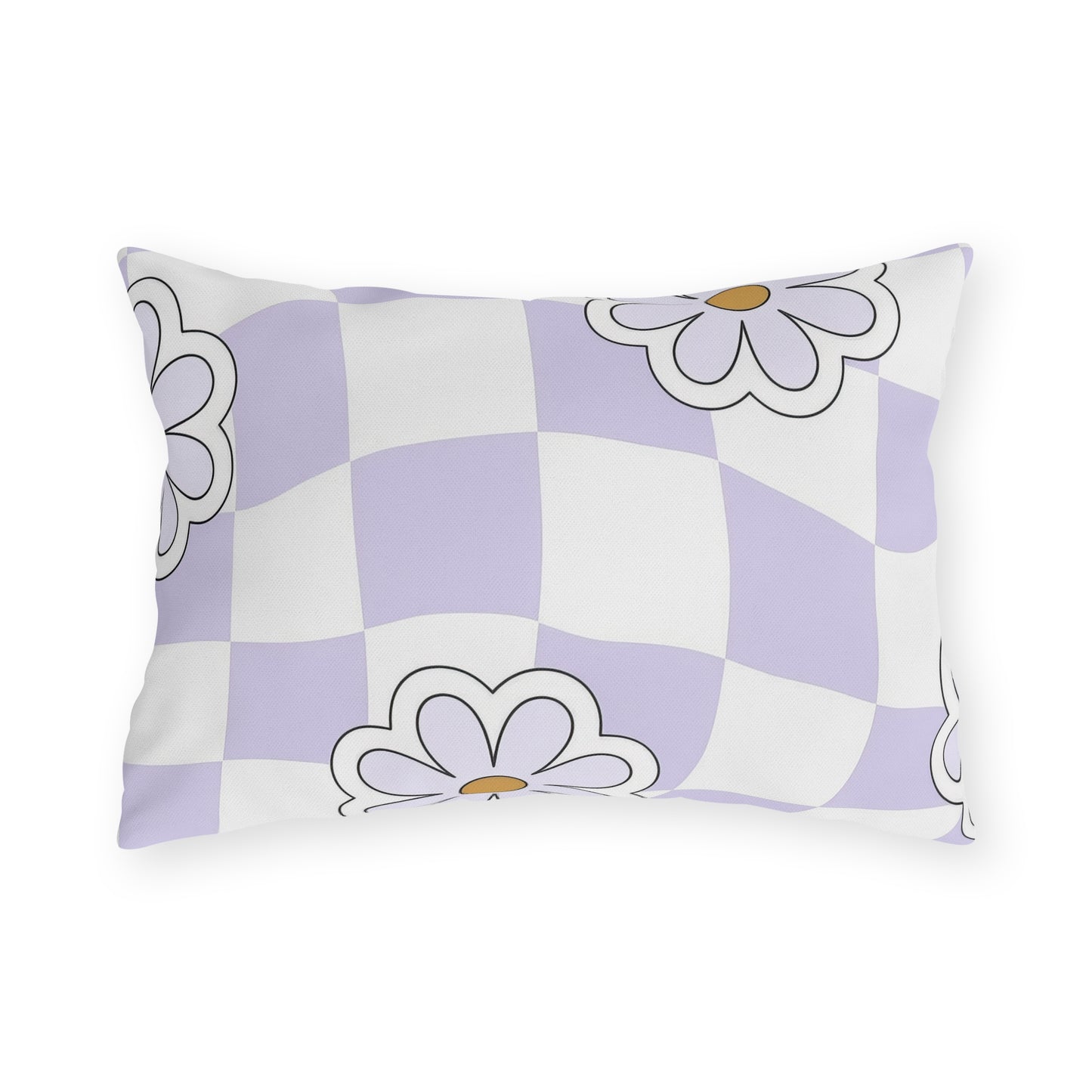 Lavender floral lumbar pillow with purple, orange, and white accents on garden chair