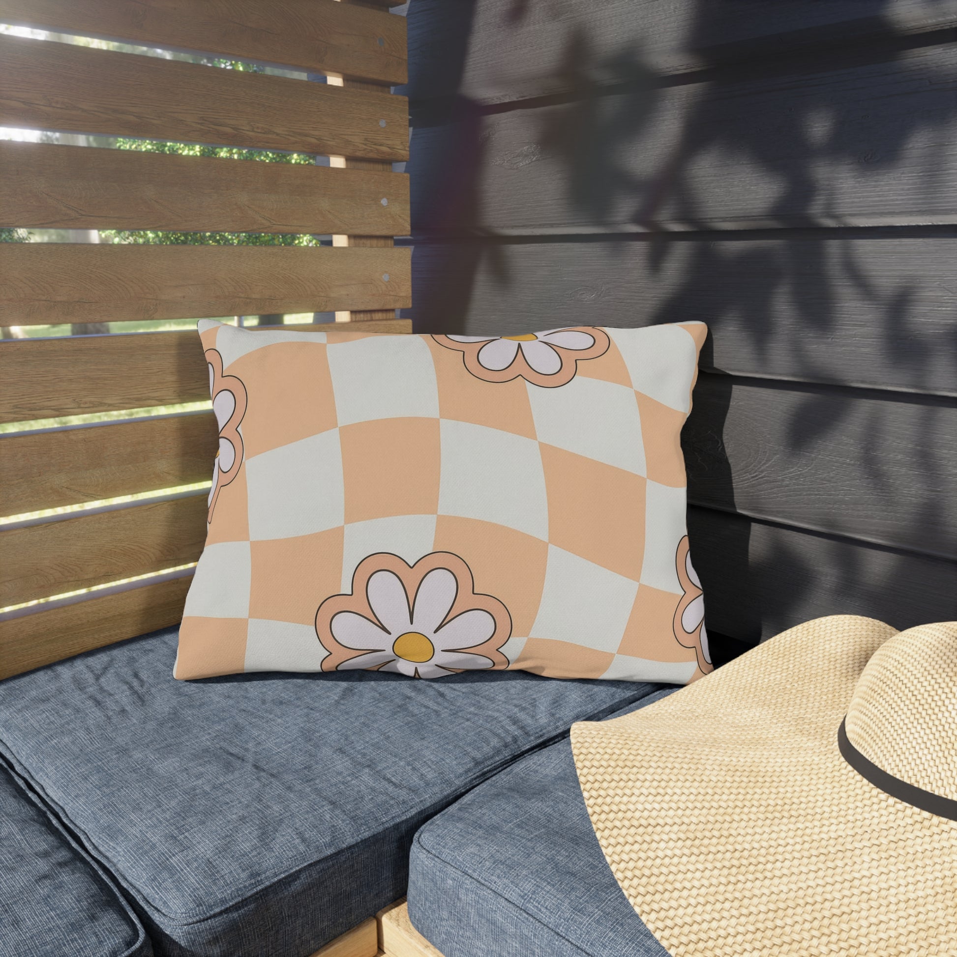 Close-up of water-resistant floral lumbar cushion for patio use