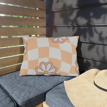 Close-up of water-resistant floral lumbar cushion for patio use