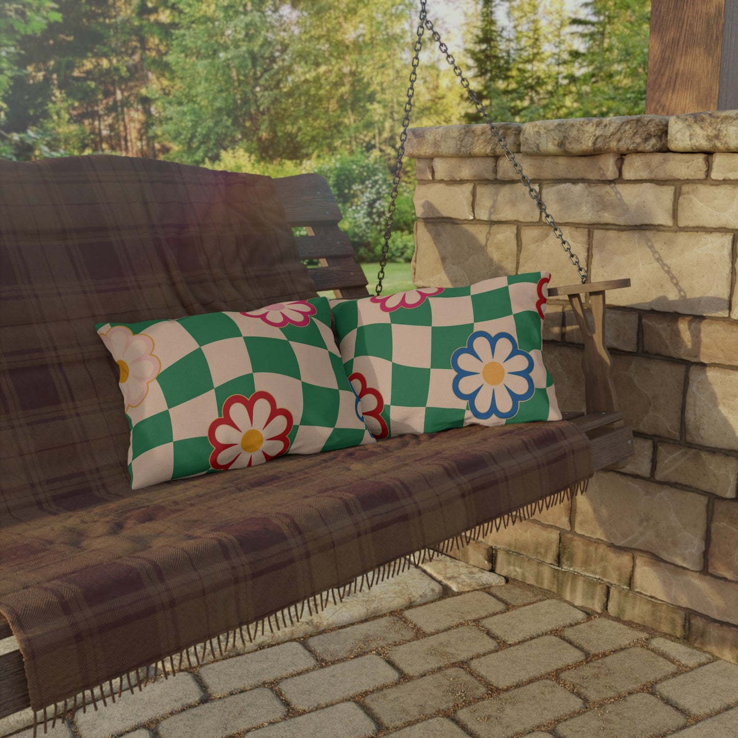 Decorative lumbar cushion made of water-resistant spun polyester with a multicolor floral design