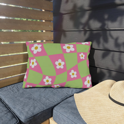 Soft patio pillow with orange, white, and pink flower print ideal for outdoor seating