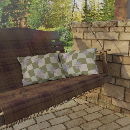 Decorative outdoor cushion in green, tan, purple, and orange, offering comfort and long-lasting color for garden or deck settings