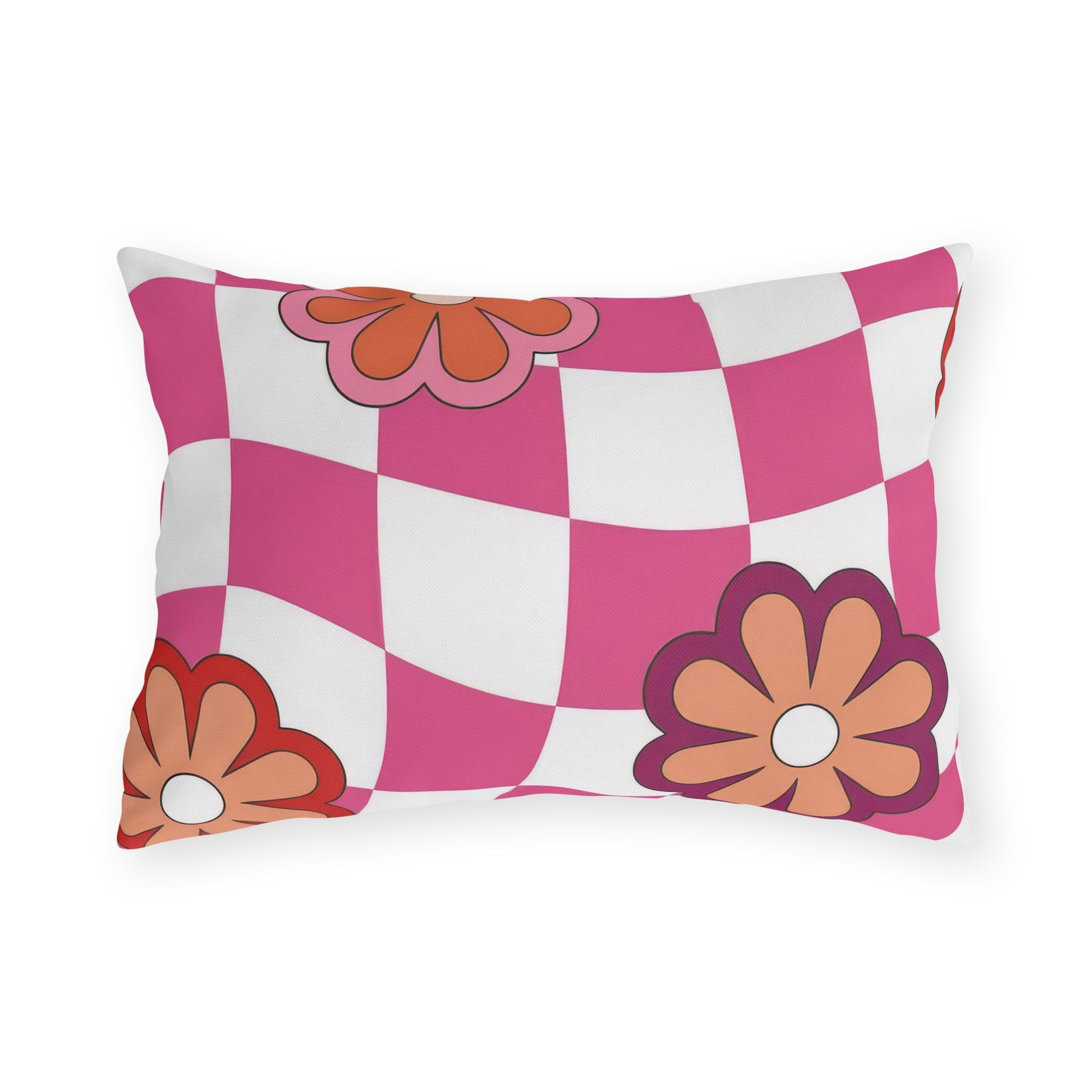 Retro floral outdoor pillow featuring a bright checkered pattern in pink, red, white, orange, and purple