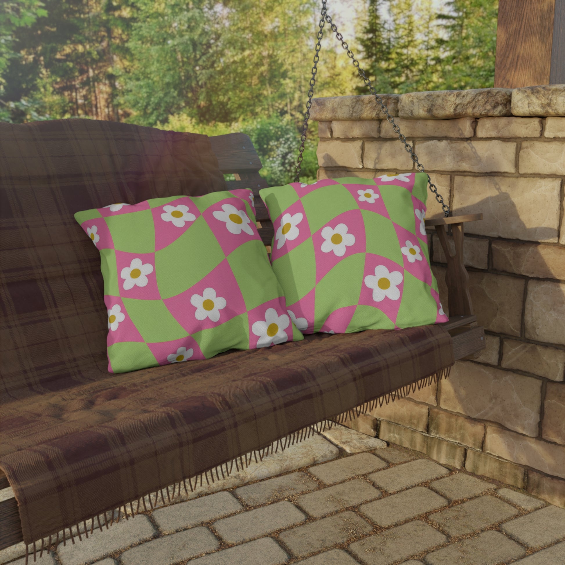 Durable polyester garden cushion styled with colorful flowers for porch seating