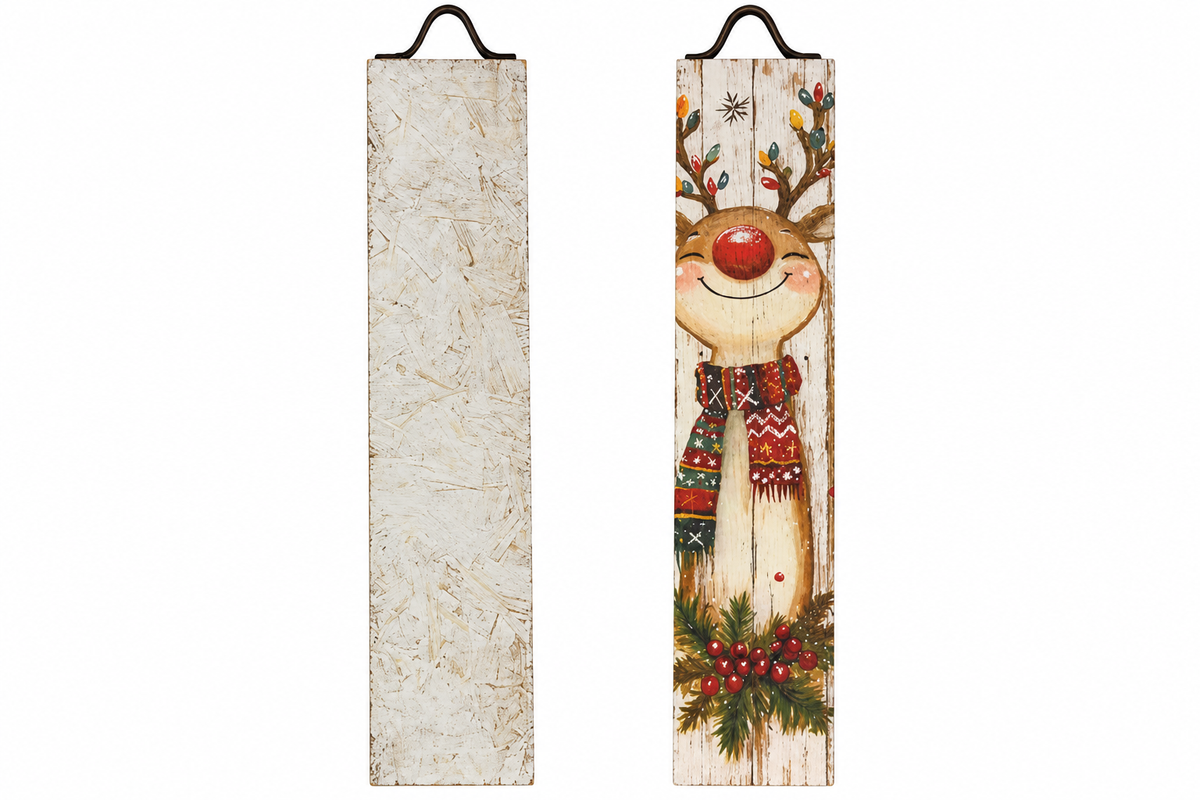 Two rustic wooden hanging wall decorations on a white background. The left panel is a plain textured off-white wood plaque with a black hanging loop.