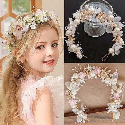 Left image: A young girl with long blonde hair wears an intricate floral crown featuring white and soft pink flowers, gold accents, and pearl embellishments. Her delicate makeup includes small floral details around her eye. She wears a light pink dress with sheer ruffled sleeves, adding to the elegant and whimsical look.

Top right image: A close-up of an all-white and gold floral crown resting on a glass stand. The design includes translucent flowers, gold wire detailing, pearl clusters, and delicate beads