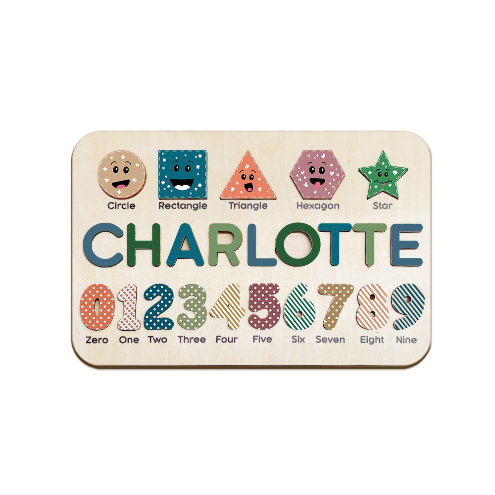 Montessori-inspired name puzzle for babies, made of durable wood and available in different vibrant color options.