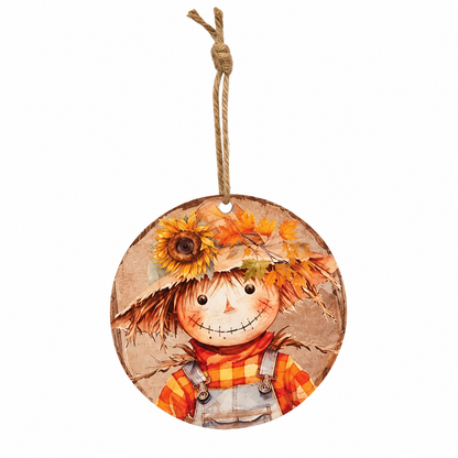 Round autumn-themed hanging ornament featuring a smiling scarecrow with a sunflower in the hat, on a white background.