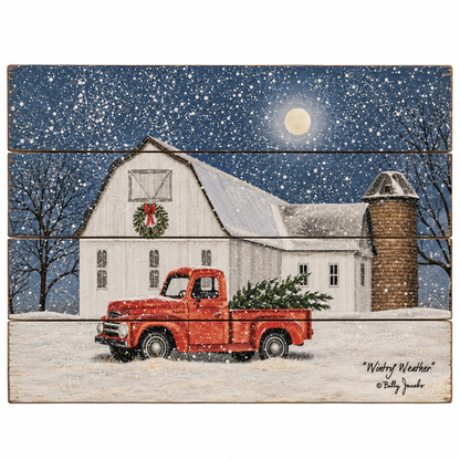 A rustic multi-panel wooden sign depicting a snowy winter night scene with a red pickup truck carrying a Christmas tree in front of a white barn with a wreath, under a full moon.