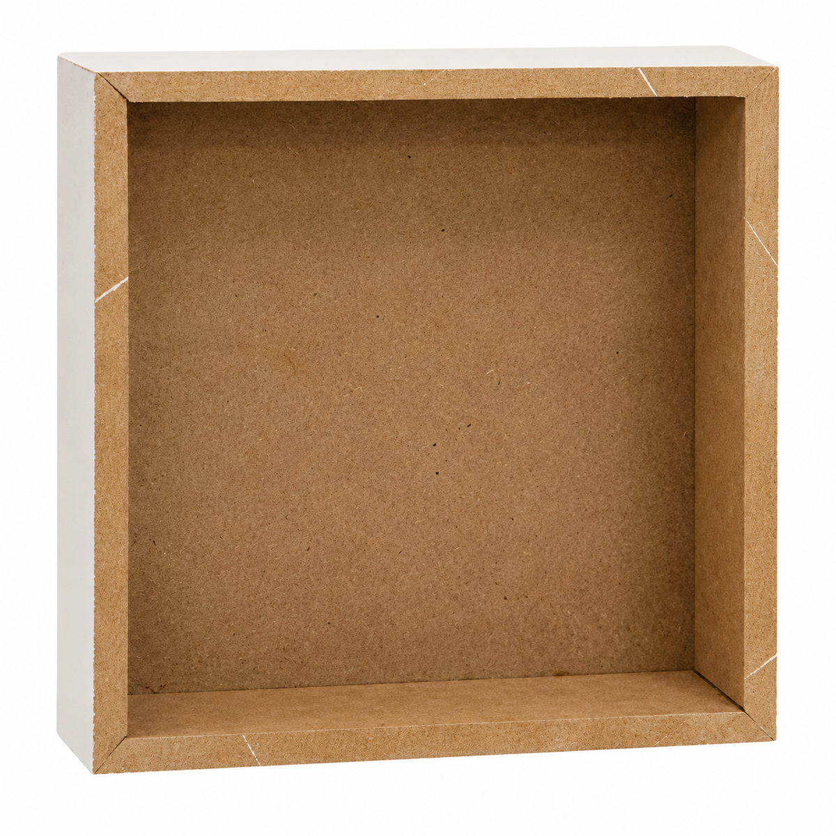 A square, open-front shadow box frame made of brown kraft cardboard with white backing on the outer sides, shown on a solid white background.