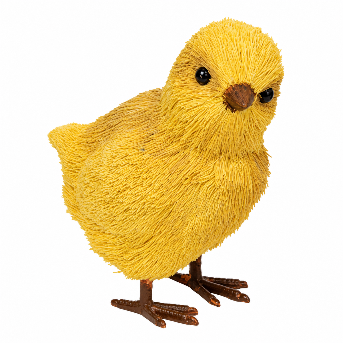 Yellow chick figurine with textured raffia-like body, black bead eyes, brown beak, and brown feet, standing against a white background.