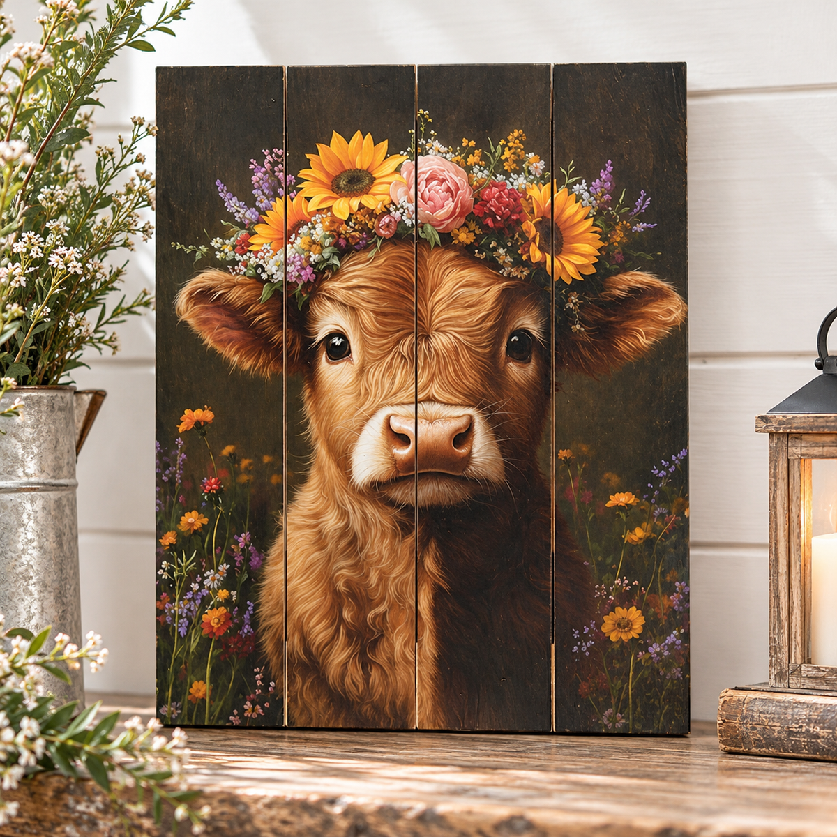 A rustic three-panel wooden sign featuring a detailed painting of a brown calf wearing a colorful flower crown, displayed on a wooden shelf next to a galvanized metal bucket and a lantern.