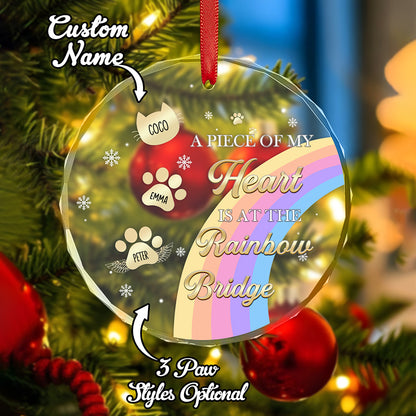 A front view of the Rainbow Bridge memorial ornament displaying additional design variations, featuring personalized pet names and different paw print styles.