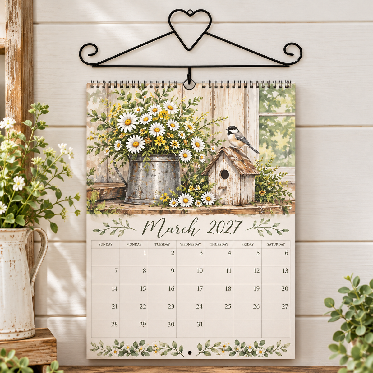 A spiral-bound March 2027 wall calendar hanging from a black metal hanger against a white wood-paneled wall. The calendar cover features a rustic floral illustration with daisies, a birdhouse, and a small bird.