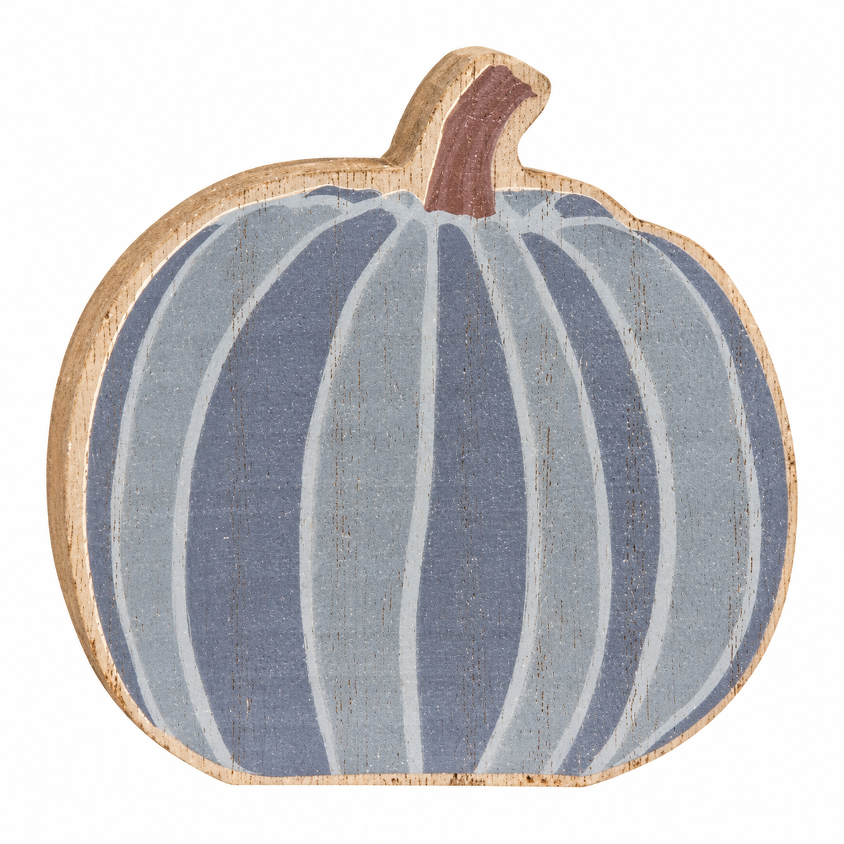 A rustic wooden pumpkin-shaped sign with a distressed blue and white striped pattern and a brown stem, shown on a plain white background.