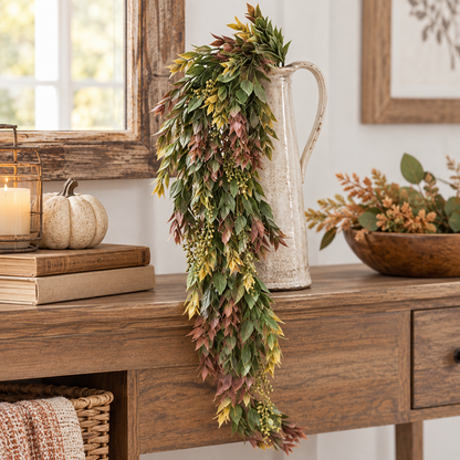A long cascading leaf garland with green, brown, and muted red foliage draped over a rustic white pitcher vase on a wooden console table, styled in a warm home interior with books, a candle, a small pumpkin, and a bowl of flowers.