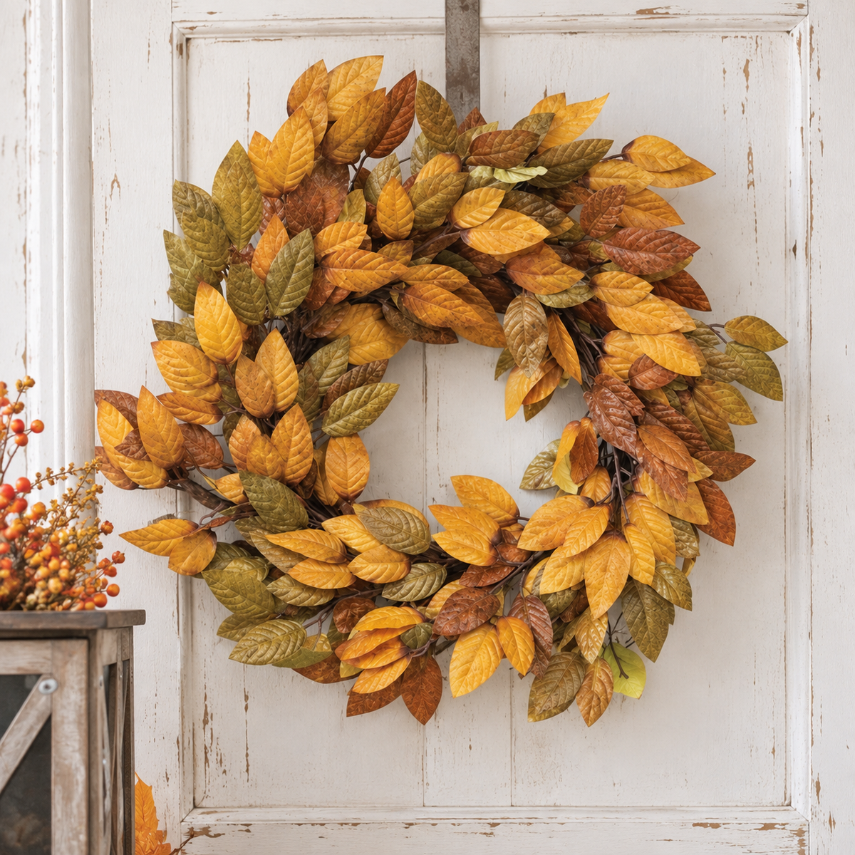 An autumn-themed artificial leaf wreath with yellow, orange, and brown leaves hanging on a distressed white wooden door.