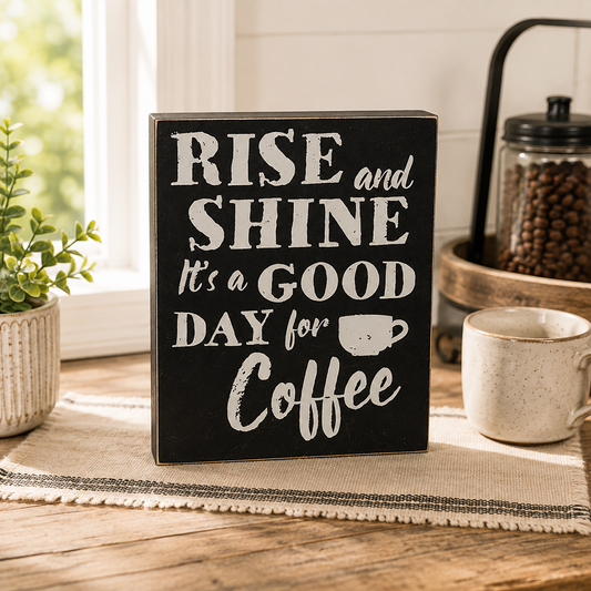 A rectangular black decorative sign with white lettering that reads “RISE and SHINE It’s a GOOD DAY for Coffee,” styled on a wooden table beside a plant, a ceramic mug, and a jar of coffee beans.