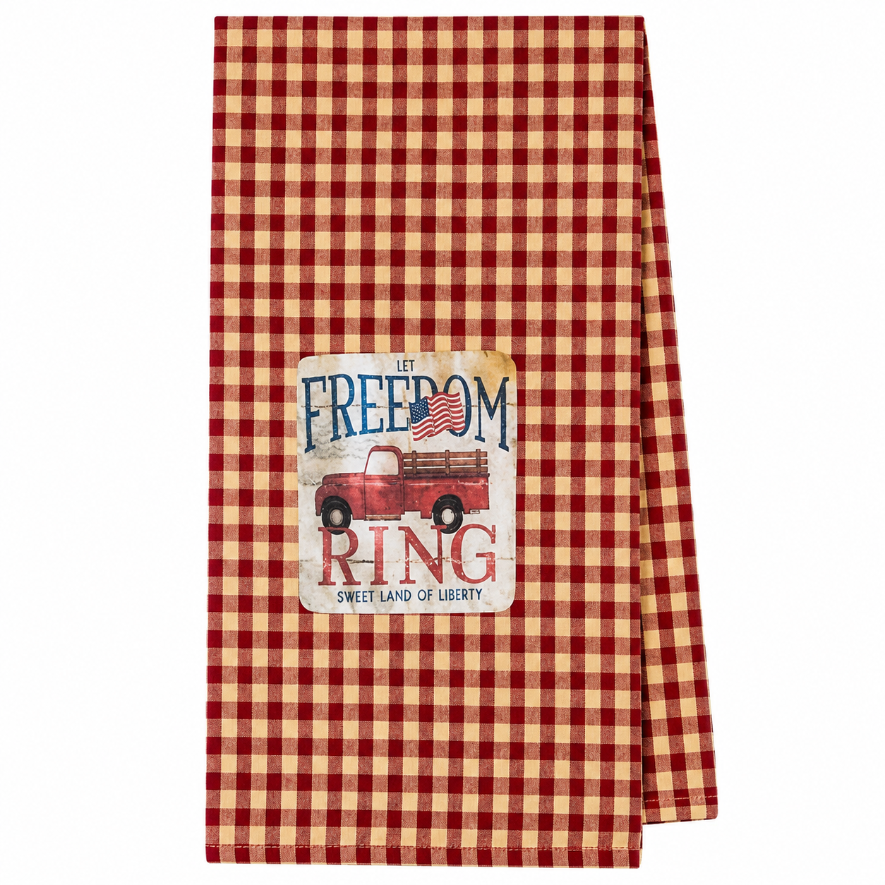 USA-made farmhouse dish towel with patriotic vintage truck illustration, Let Freedom Ring quote, and classic Americana gingham pattern