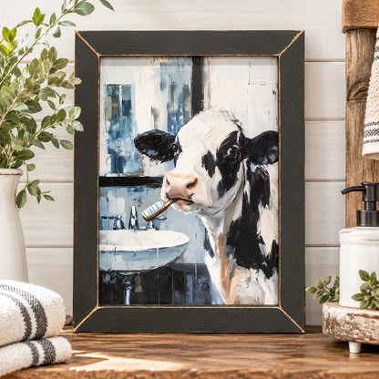 A framed art print featuring a black and white cow brushing its teeth in a bathroom, styled on a wooden tabletop with a white shiplap wall, folded towels, and greenery in the background.