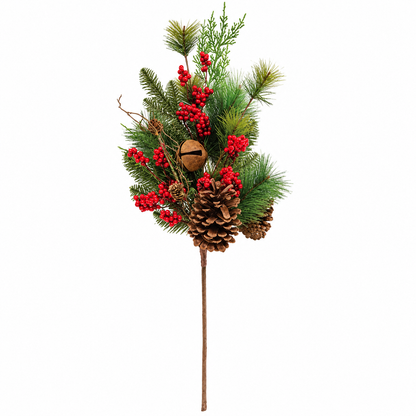 A festive Christmas tree branch stem featuring green pine needles, clusters of bright red berries, two natural brown pinecones, and a small hanging brown bell, isolated on a white background.