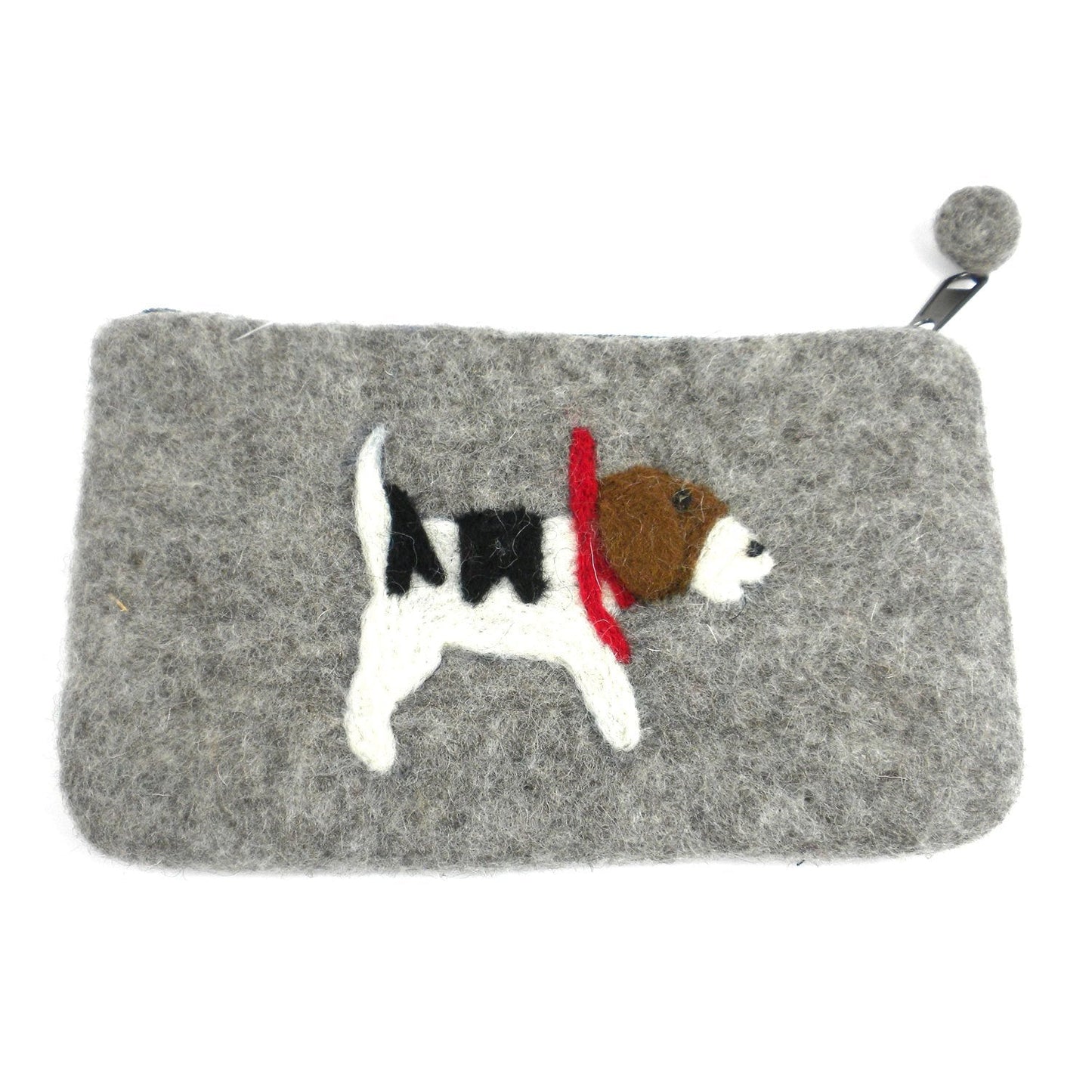 Hand-felted wool clutch in gray with Jack Russell appliqué, featuring a pom-pom zipper pull, handmade in Nepal.