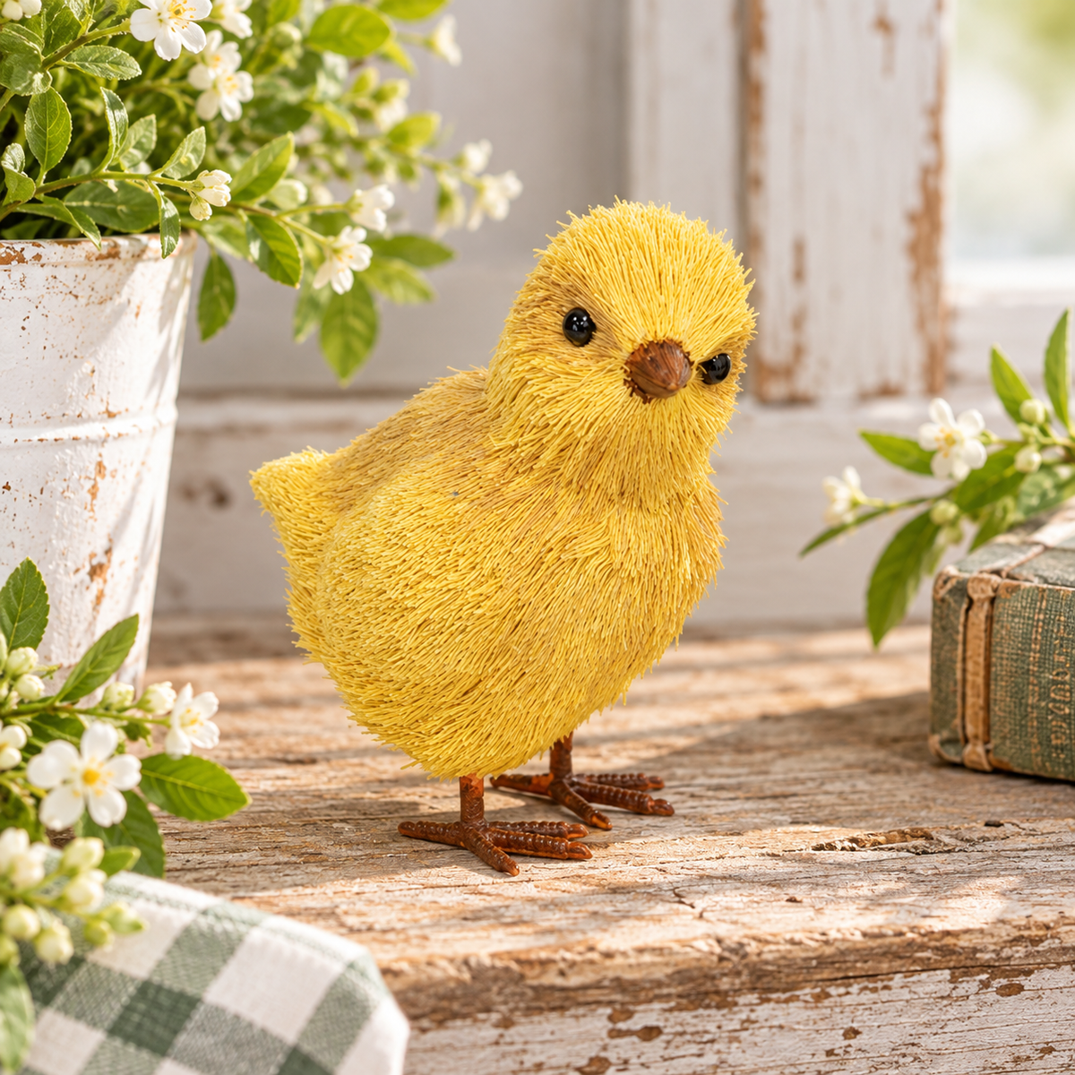 A small yellow fuzzy chick figurine standing on a rustic wooden surface, surrounded by white flowers, a white bucket planter, and an old book in a sunlit setting.