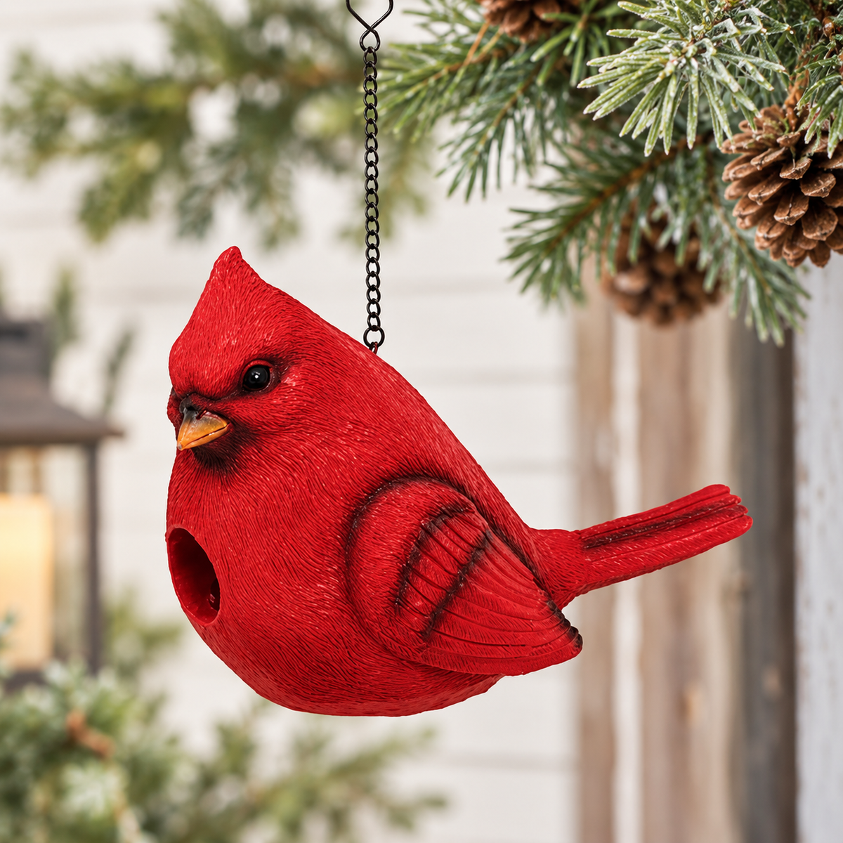 A red cardinal bird hanging ornament with a built-in bird feeder hole, suspended by a black chain from a pine branch with a pinecone in a blurred outdoor setting.